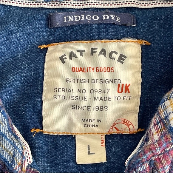 Fat Face Indigo Dye Plaid Flannel Button Down Shirt Size L - Picture 7 of 11